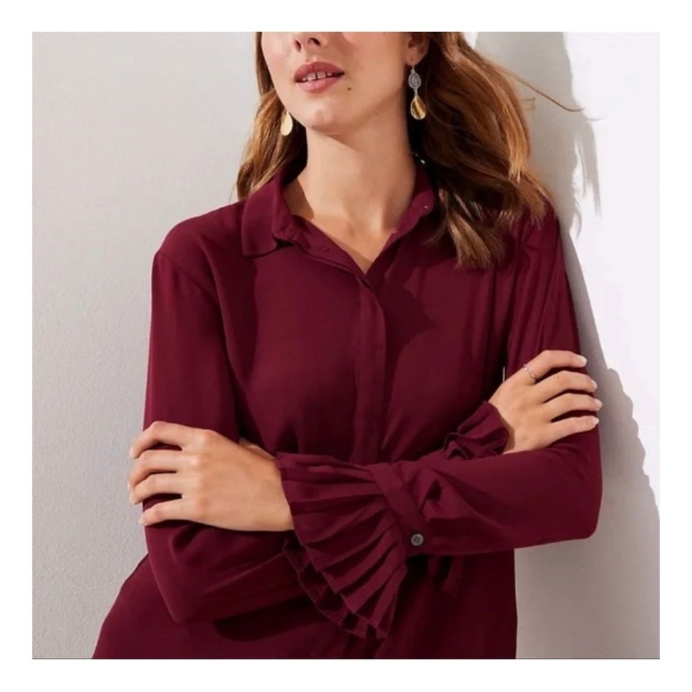 LOFT Petite Burgundy Blouse Long Sleeve Ruffle Cuff‎ Button Down Top Size MP